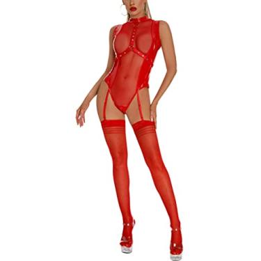 Imagem de FEOYA Body de couro para mulheres, lingerie sexy de látex, visual molhado, colado ao corpo, trajes metálicos brilhantes de uma peça, Conjunto vermelho - com meia, Tag XL=US M