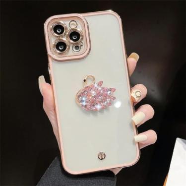 Imagem de Swan Diamond Phone Case para iPhone 11 12 13 Pro Max Mini XS XR X 6 6S 7 8 Plus SE 2020 2022 Capa de proteção de lente transparente, rosa, para iPhone 12 Mini