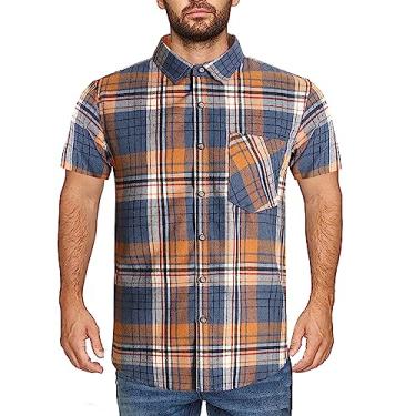 Imagem de Gaurave Camisas xadrez masculinas de manga curta com bolso e botões finas para lazer camisas xadrez de algodão para homens, Amarelo-a83, XXG