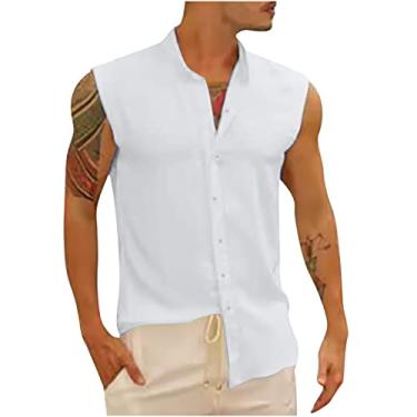 Imagem de Coletes para homens verão outono sem mangas decote em V linho camiseta regata nó simples coletes masculinos 2024 Y2K, P-652 Branco, GG