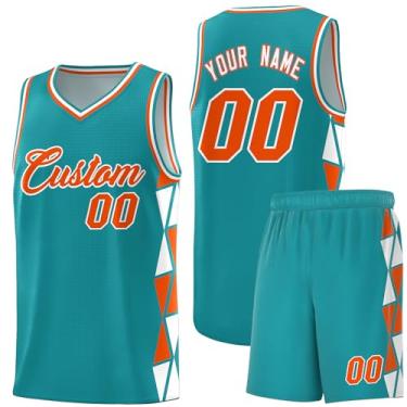 Imagem de Camiseta de basquete personalizada com shorts atléticos, roupa de treino esportiva leve personalizada para homens/jovens, Aqua/laranja-branco 25, One Size