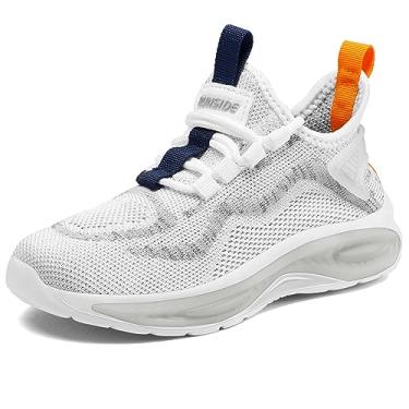 Imagem de RUNSIDE Sapatos de tênis para meninos e meninas para corrida leve tênis esportivo casual respirável caminhada com cadarço sapatos ao ar livre, Cinza/branco, 3 Big Kid
