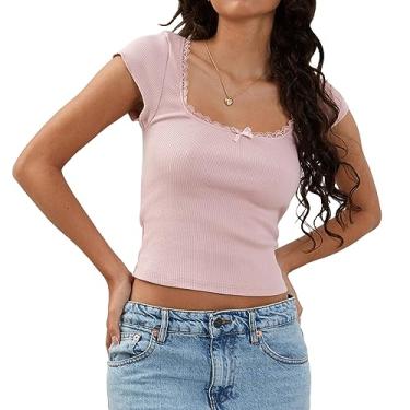 Imagem de Camiseta feminina manga longa com acabamento em renda patchwork slim fit camiseta Y2K Going Out Crop Top, Camiseta de manga curta canelada rosa, P