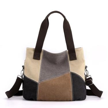Imagem de Bolsa feminina de lona, bolsa de retalhos, bolsa de lona colorida, bolsa de ombro casual, bolsa transversal com alça superior, Multicinza, One Size