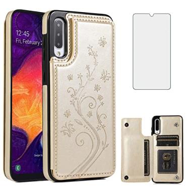 Imagem de Capa de telefone para Samsung Galaxy A50 com protetor de tela de vidro temperado e suporte de cartão carteira flip acessórios de couro para celular Glaxay A 50 Gaxaly S50 50A SM A505G capas femininas douradas