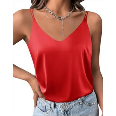 Imagem de Ekouaer Camiseta regata feminina de cetim de seda gola V sexy cruzada nas costas alças finas sem mangas, Vermelho, XXG