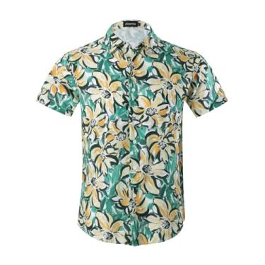 Imagem de Camisa masculina havaiana manga curta 4 vias stretch casual botão para baixo tropical floral verão praia camisa estampada, Verde, preto, P