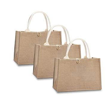 Imagem de YACEYACE Sacolas de juta para praia, 36,8 cm x 17 cm x 25,9 cm, conjunto de 3 bolsas de estopa com bolsa de juta com botões, bolsas para praia, faça você mesmo, compras, boas-vindas ao casamento