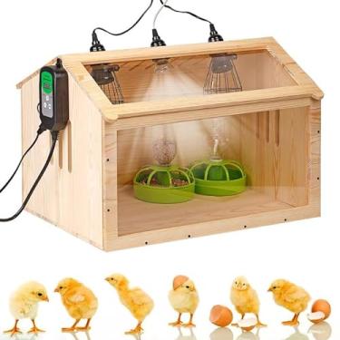 Imagem de LZWUNYXE Caixa de chocadeira para pintinhos Caixa de chocadeira de frango com termostato para recém-nascidos, caixa de chocadeira de madeira com 3 lâmpadas de calor, kit de caixa de chocadeira para