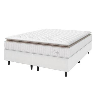 Imagem de Cama Box Colchão Casal King Molas Ensacadas City Pillow Top 193x203x61cm Linho Branco/Bege Hellen - Suporta até 110kg por Pessoa
