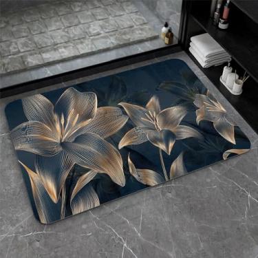 Imagem de ZHUZHISHAN Tapete de banho de terra diatomácea, flores escuras abstratas em linha dourada, volume antiderrapante, super absorvente, secagem rápida, tapete para banheiro, cozinha, ecológico, fácil de