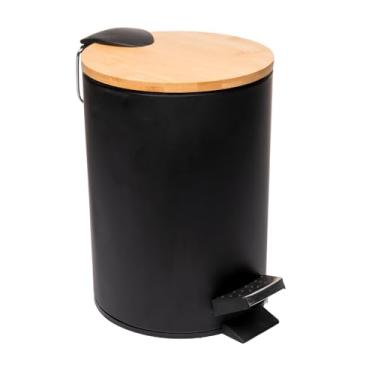 Imagem de LYOR - Lixeira Redonda De Metal Com Pedal e Tampa Em Bambu Preta 3L