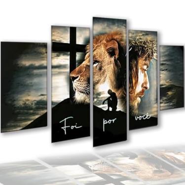Imagem de Kit Quadros Decorativos Mosaico 5 Peças Arte Realista Jesus Cristo Leão Judá Frase Salmo Foi Por Você Decoração Sala Quarto Cozinha Escritório Hall