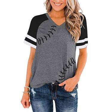 Imagem de ZUNQKG Camisetas femininas de beisebol com gola V, manga curta, patchwork, estampa raglan, beisebol, 06 - cinza e preto, M