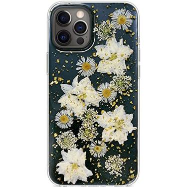 Imagem de Abbery Capa projetada para iPhone 12 Pro Max linda flor prensada com glitter brilhante transparente com design de silicone macio TPU borracha seca verdadeira margarida floral estética para mulheres