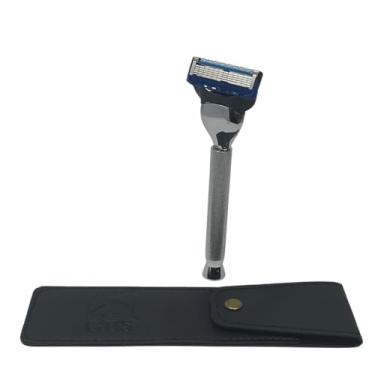 Imagem de Handle de Homens GBS Heavy Duty Chrome Raspar Razor com caso de couro - 5 tecnologia Blade - Handle inoxidável Chrome longo Profissional cartucho de barbear Navalha