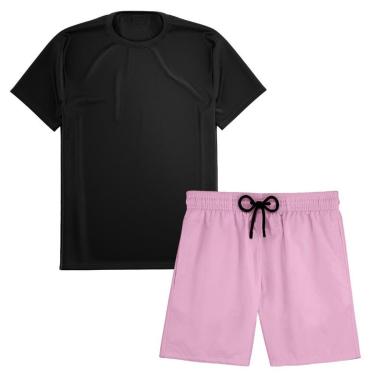 Imagem de Kit Short Praia Academia Passeio Treino Rosa + Camiseta Manga Curta Masculina-Masculino