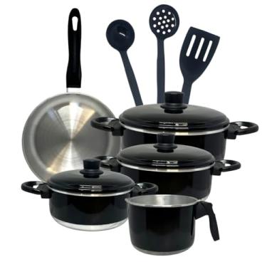 Imagem de Conjunto de Panelas 8 Peças Alumínio Esmaltado Cor Preta | Com Utensílios de Cozinha, Caçarolas com Tampa, Frigideira e Leiteira