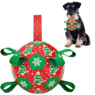 Imagem de LyssKMK Brinquedo de futebol para cães com alças Brinquedo de bola interativa para cães de Natal para cabo de guerra Brinquedo de bola de rebocador de cachorro com padrão de flor de neve de árvore de