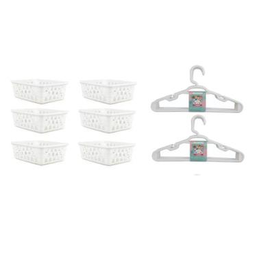 Imagem de Kit 6 Cesto Organizador 16x12x6Cm Branco +10 Cabide Infantil - 123 Org