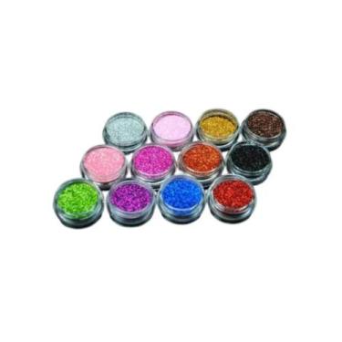 Imagem de Kit 12 Potinhos De Glitter Flocado Sortido Brilho Varias Cores e Forma