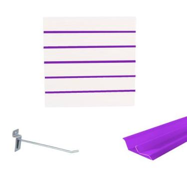 Imagem de Painel Canaletado Branco em Mdf 0,61 x 0,61m com Perfil Pvc Roxo e 20 