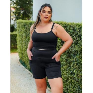 Imagem de Conjunto Plus Size Preto Bermuda com Bolsos e Cropped - Fitmoda, Preto