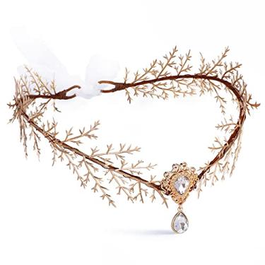 Imagem de MOSTORY Coroa de rainha de strass dourado - Tiara de flores de princesa de fada artificial com strass azul real casamento baile aniversário renascentista Halloween cosplay chapéu feminino sessão de fotos