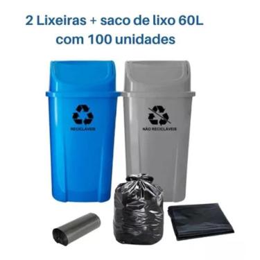 Imagem de Kit 2 Lixeiras Para Coleta Seletiva De 60l Com Saco De Lixo - JSN, Azu