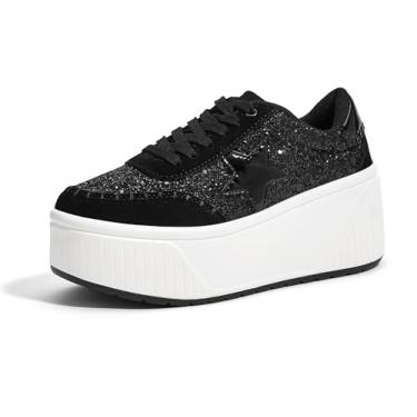 Imagem de LUCKY STEP Tênis feminino plataforma, grosso, moderno, com glitter, cunha, brilhante, salto alto, casual, brilhante, sola grossa, Glitter preto, 36
