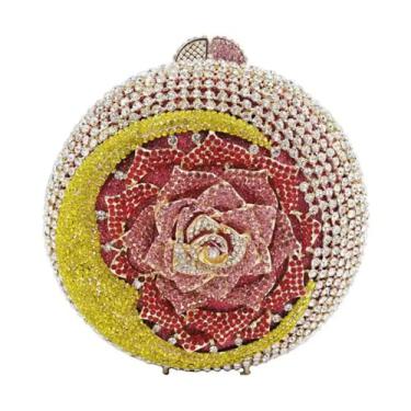 Imagem de RomanticDesign Bolsa feminina lua flor noite redonda luxo brilhante strass noiva bolsa clutch festa baile banquete, Lua amarela