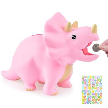 Imagem de PJDRLLC Brinquedos de dinossauro para crianças – Cofrinho de dinossauro para meninas, cofrinho de plástico inquebrável, ótimos presentes para aniversário, Páscoa, Natal (rosa)