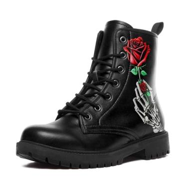Imagem de coolcustomize Botas de combate masculinas femininas modernas com cadarço crânio rosa tornozelo salto grosso plataforma botas de trabalho de couro, Preto 5, 9 Women/7.5 Men