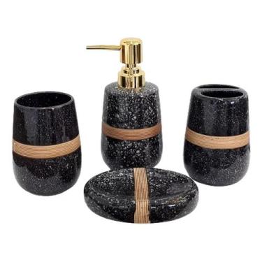 Imagem de Kit Banheiro Preto Lavabo 4 Peças Detalhe Madeira - Vacheron