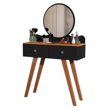 Imagem de Penteadeira retrô 2 gavetas Conde com espelho redondo cor Preto com Na