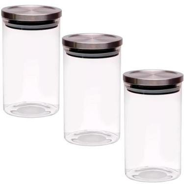 Imagem de Pote Vidro Hermético 1l Redondo Tampa Inox Kit 3 Un - Mimo Style