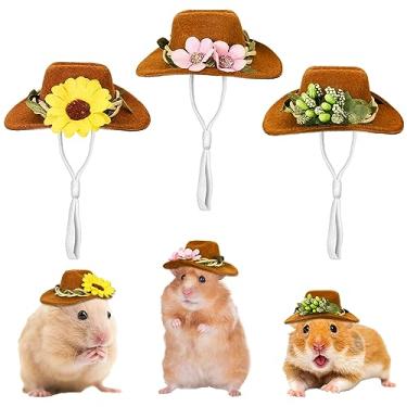 Imagem de Whaline 3 peças de chapéus de animais pequenos, hamster, galinha, mini chapéus de caubói com folhas de flores, chapéus marrons de porquinho da índia, feltro, chapéu de animal de estimação, acessórios