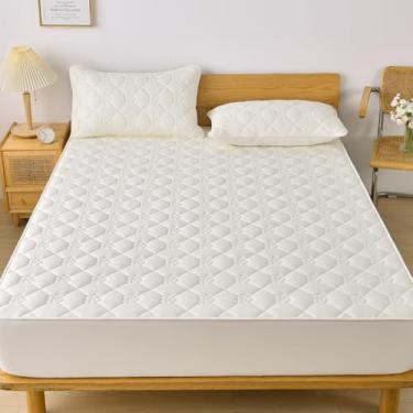 Imagem de Protetor de colchão para colchão espesso à prova de poeira, macio, respirável, antiderrapante, lençol de elástico de cor sólida para cama de quarto - branco|solteiro: 89 x 200 cm (3 peças)