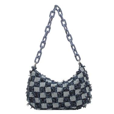 Imagem de Bolsa tiracolo feminina xadrez jeans pequena moda axila bolsa casual retrô para trabalho, Azul escuro, Retrô