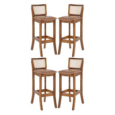 Imagem de Kit 4 Banquetas Alta com Encosto em Rattan Portugal Estofado Impermeável Caramelo L85 RMI