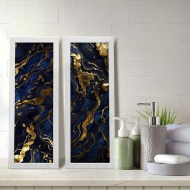Imagem de Kit 2 Quadros Decorativos Lavabo Mármore Marmorizado Azul Dourado Mode