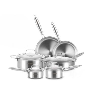 Imagem de DELARLO Conjunto de 14 panelas de cozinha de aço inoxidável com tampa aquece rapidamente, adequado para todos os conjuntos de fogões, panelas e frigideiras