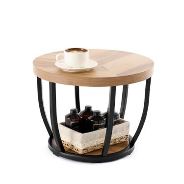 Imagem de CroBlissful Mesa de centro redonda, mesa de centro de madeira circular de 2 camadas com prateleiras de armazenamento, mesa central de madeira industrial moderna para sofá mesa lateral para sala de