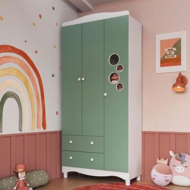 Imagem de Guarda-Roupa Infantil Encanto 3 Portas e 2 Gavetas Verde/Branco - Comp