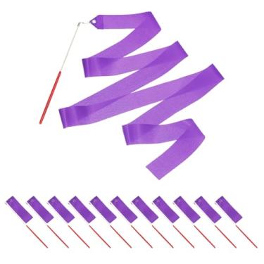 Imagem de PATIKIL Fitas de dança, pacote com 14, serpentinas de dança de ginástica de 78,7 polegadas com varinha antiderrapante para presentes, dança, shows de talentos, bastão girando, roxo