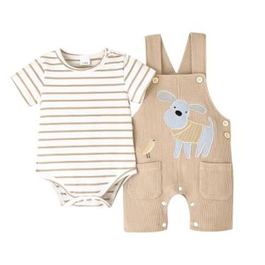 Imagem de CETEPY Roupas infantis de verão para bebês meninos macacão listrado manga curta conjunto de calças de cachorro fofo desenho animado 2 peças 0-18 meses, Marrom, 9-12 meses
