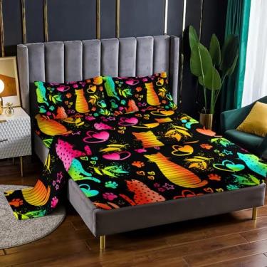 Imagem de XYNHML Jogo de cama kawaii, 4 peças, Queen, adorável animal de estimação e gato, para crianças, adolescentes, meninos, adultos, desenho de pata, coração de bambu, com 1 lençol de cima + 1 lençol com
