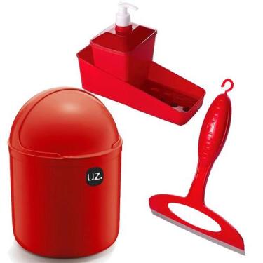 Imagem de Kit Dispenser Detergente Porta Bucha Pia Rodinho Vermelho Para Cozinha