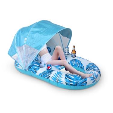 Imagem de Boia de piscina com toldo UPF50+, cadeira flutuante extra grande para piscina, resistente, cadeira flutuante de recreação inflável com suporte de copo e encosto, apoio para os pés (pacote com 2)