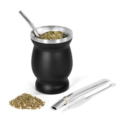 Imagem de AGH Xícara de erva mate 227 g, cabaça de erva mate e conjunto de canudo de bombilla, copo de chá isolado a vácuo de parede dupla de aço inoxidável (preto)